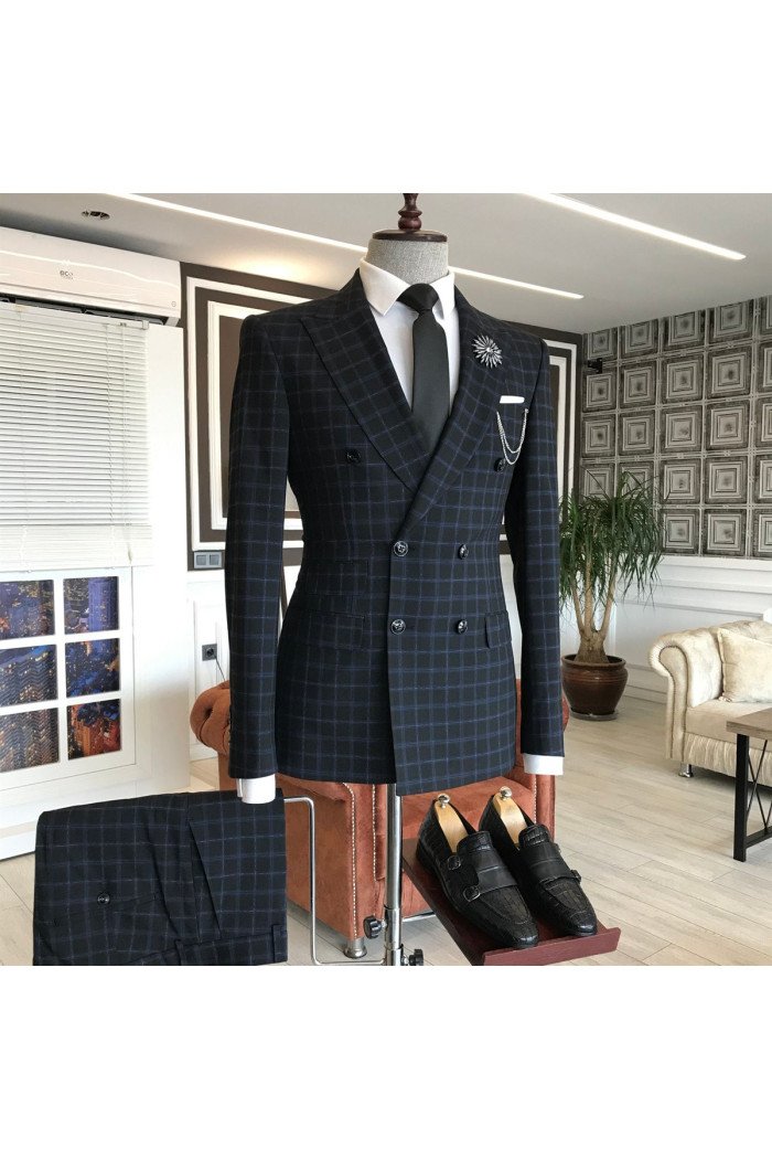  Formal Black Plaid Peaked Collar Double Breasted Bespoke Business Men Suits