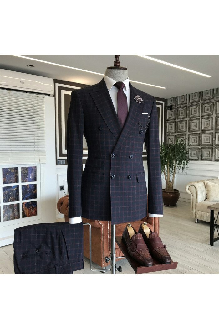 Formal Fashion Black Plaid Double Breasted Business Men Suit