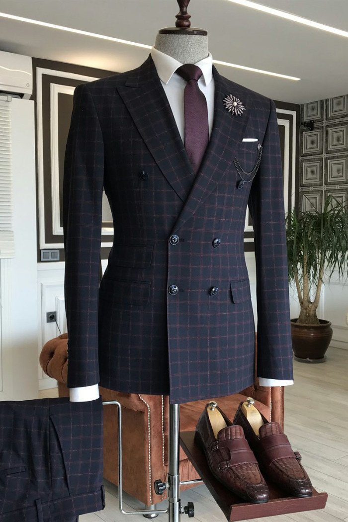Formal Fashion Black Plaid Double Breasted Business Men Suit