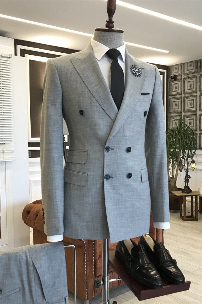 Jeremy Handsome Gray Peaked Collar  Double Breasted Bespoke Men Suits