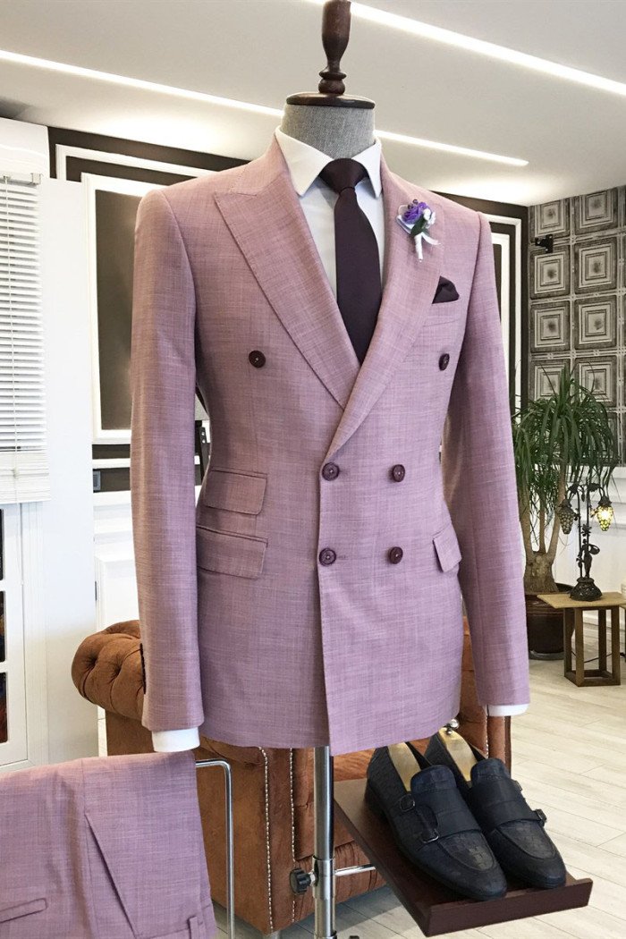 Unique Pink Peaked Collar Double Breasted Prom Suits