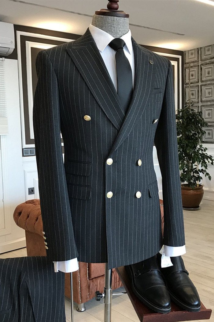 Nigel Formal Black Striped Peaked Collar Double Breasted Men Suits