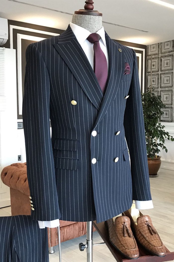 Hogan Modern Navy Blue Striped Peaked Collar Double Breasted Best Fitted Business Men Suits