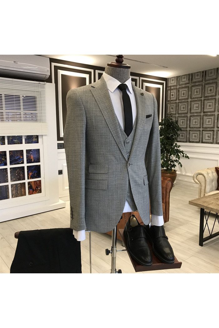 Lambert Gray Small Plaid 3-Pieces Notch Collar Business Men Suit