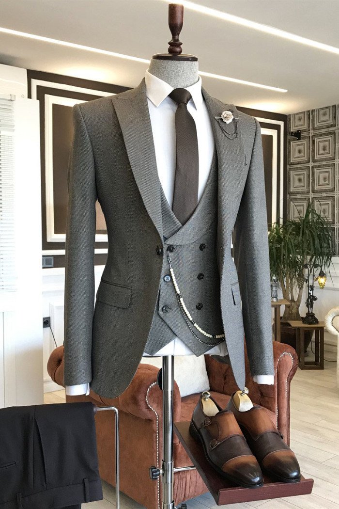 Payne Trendy Solid Gray Peaked Collar Double Breasted Bespoke Business Men Suits