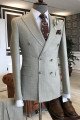 Reg Formal Light Gray Small Plaid Peaked Collar Double Breasted Men Suits