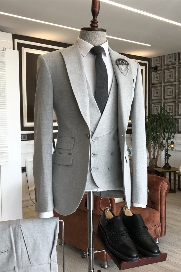 Henry High Quality Light Gray Peaked Collar Formal Men Suits