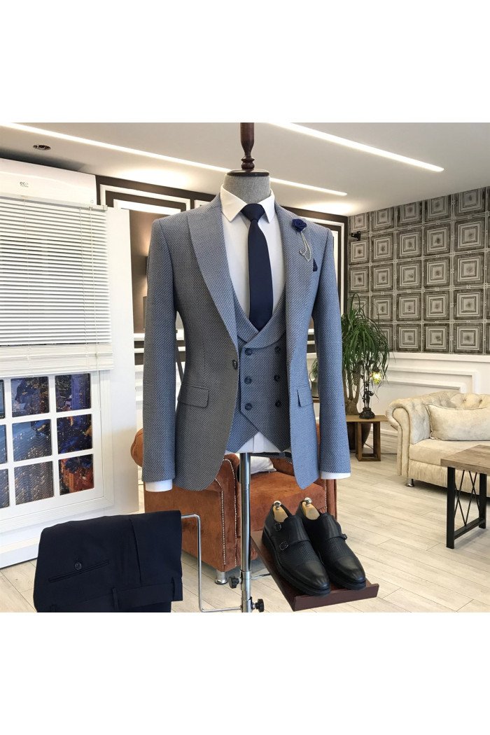 New Arrival Blue Small Plaid Double Breasted Business Men Suits