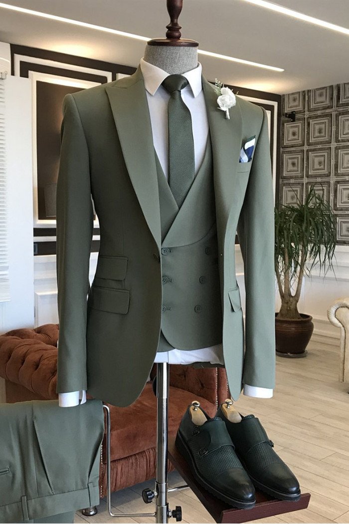 Kent Dark Green 3-Pieces Peaked Collar One Button Men Suits