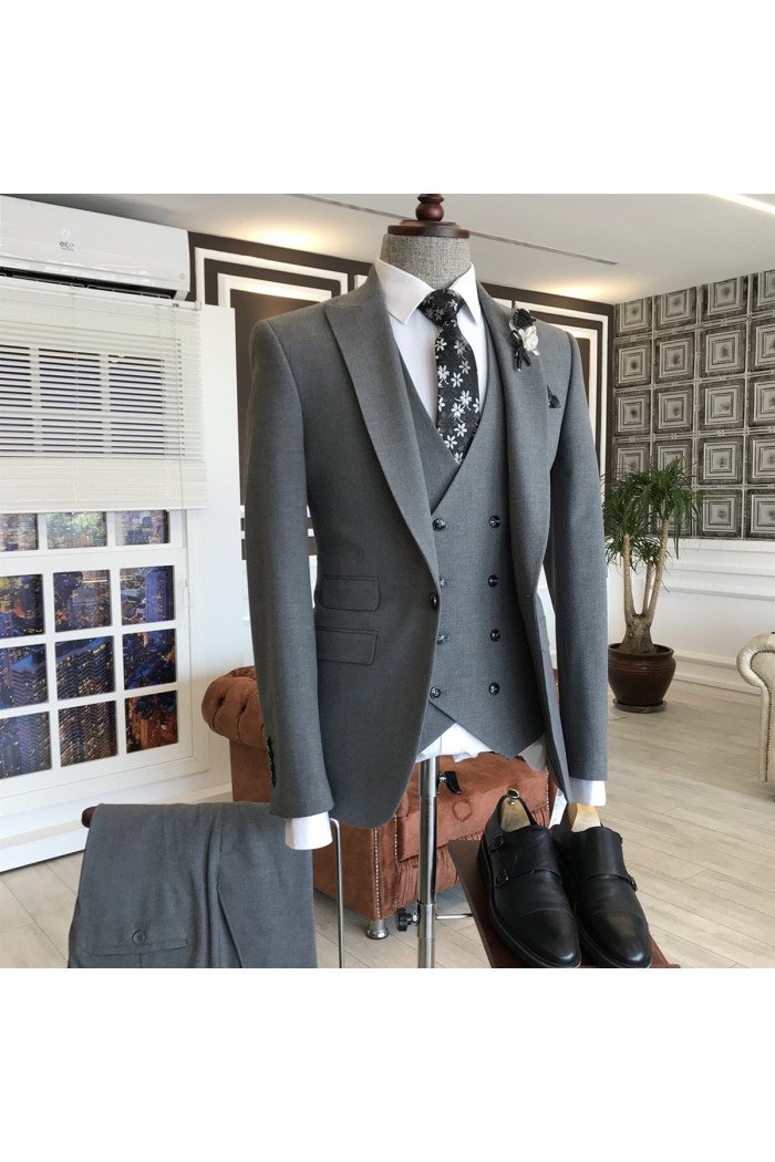 Lambert Formal Dark Gray 3-Pieces  Peaked Collar One Button Business Men Suits