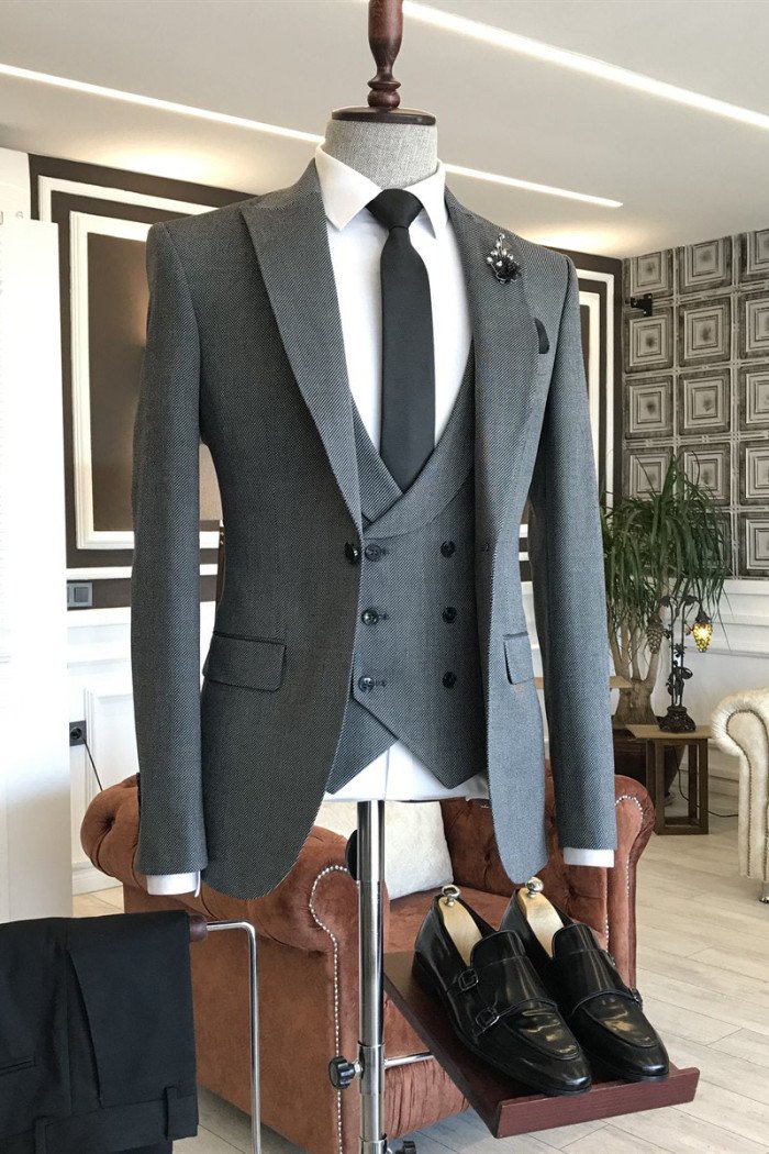 Otto Fashion Dark Gray Small Plaid Peaked Collar Men Suits