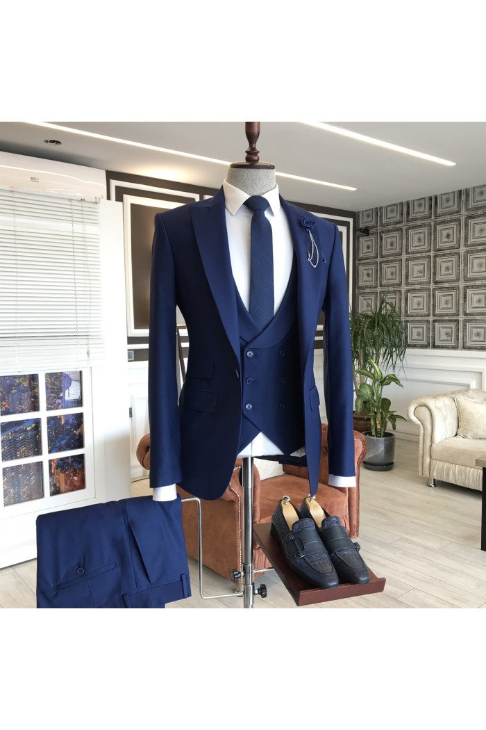 Owen Modern Navy Blue 3-Pieces Peaked Collar Close Fitting Business Men Suits