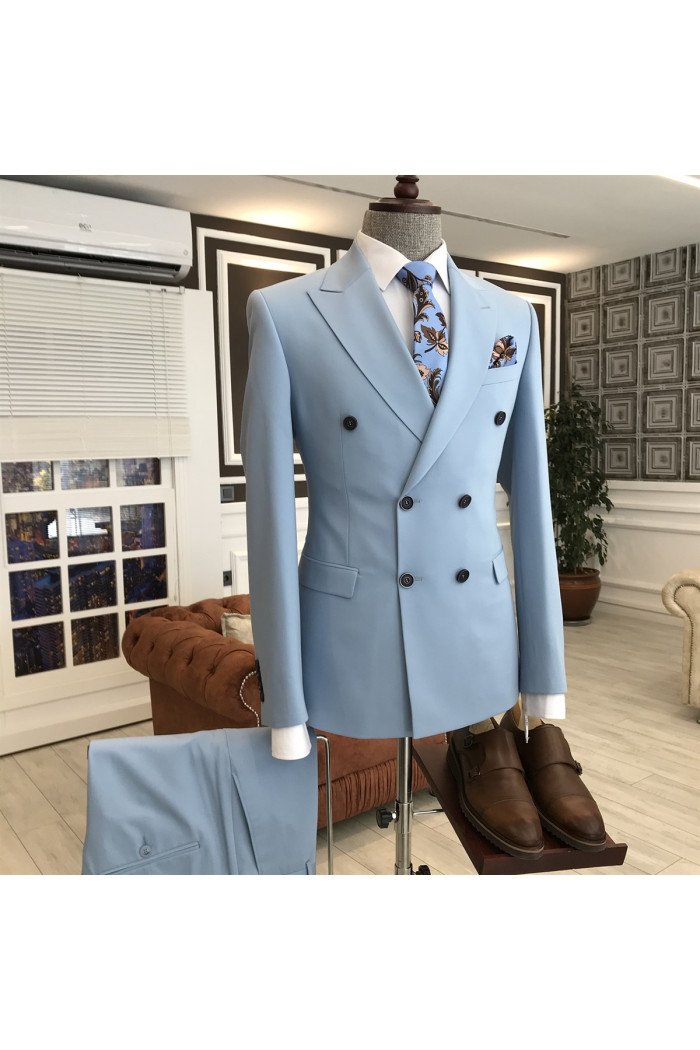 Trendy Blue Peaked Collar Double Breasted Best Men Suits