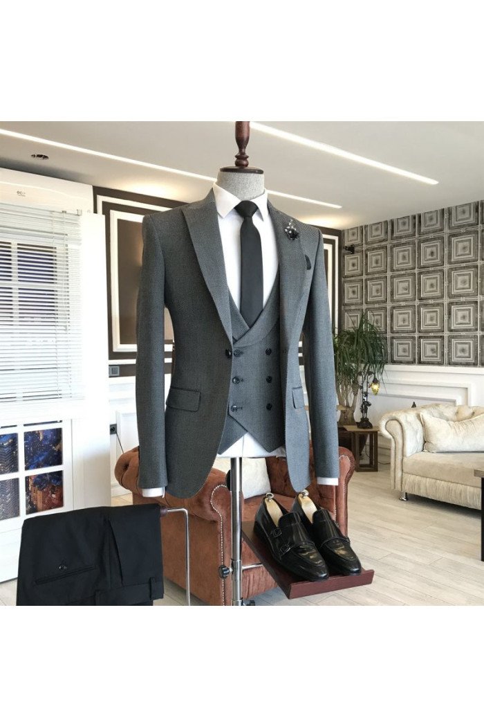 Otto Fashion Dark Gray Small Plaid Peaked Collar Men Suits