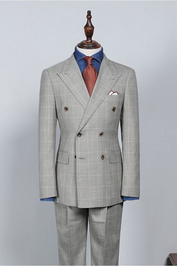 Roy Latest Gray Plaid Double Breasted Bespoke Men Suit