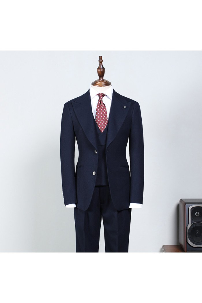 Sampson Elegant Navy Blue 3 Pieces Peaked Collar Bespoke Men Suit