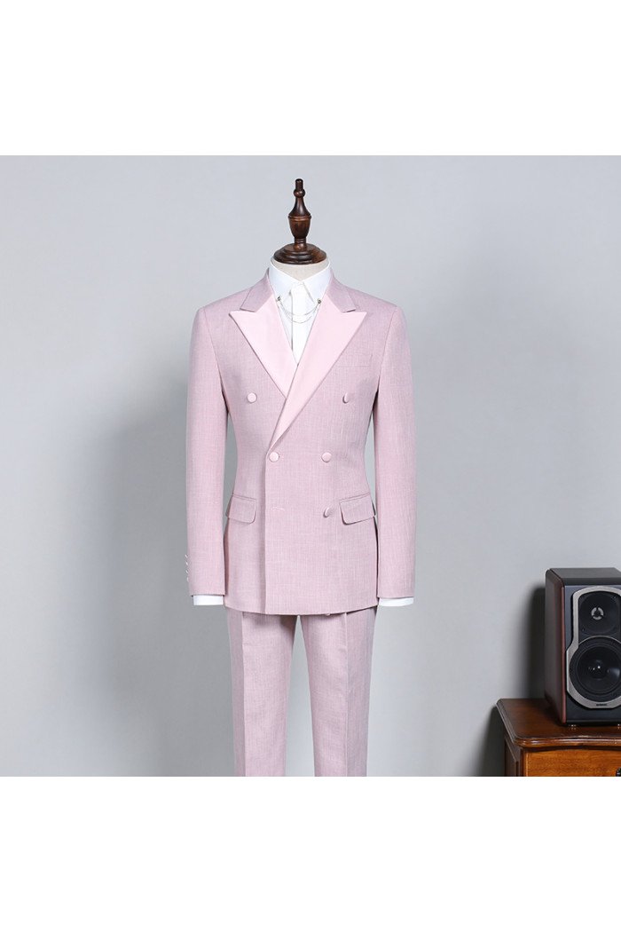 Ian New Arrival Pink Peaked Collar Double Breasted  Prom Suit