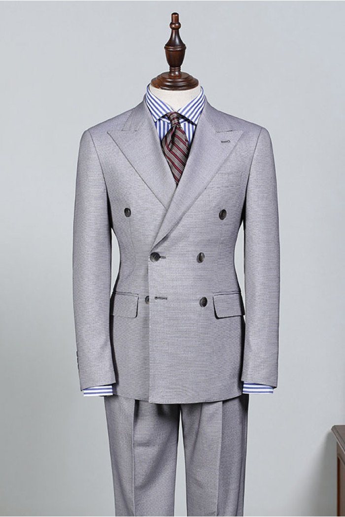 Dick Latest Light Gray Peaked Collar Double Breasted Bespoke Men Suit