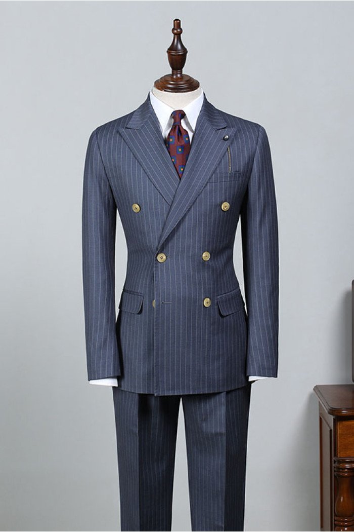Jack New Navy Blue Striped Peaked Collar Bespoke Men Suit