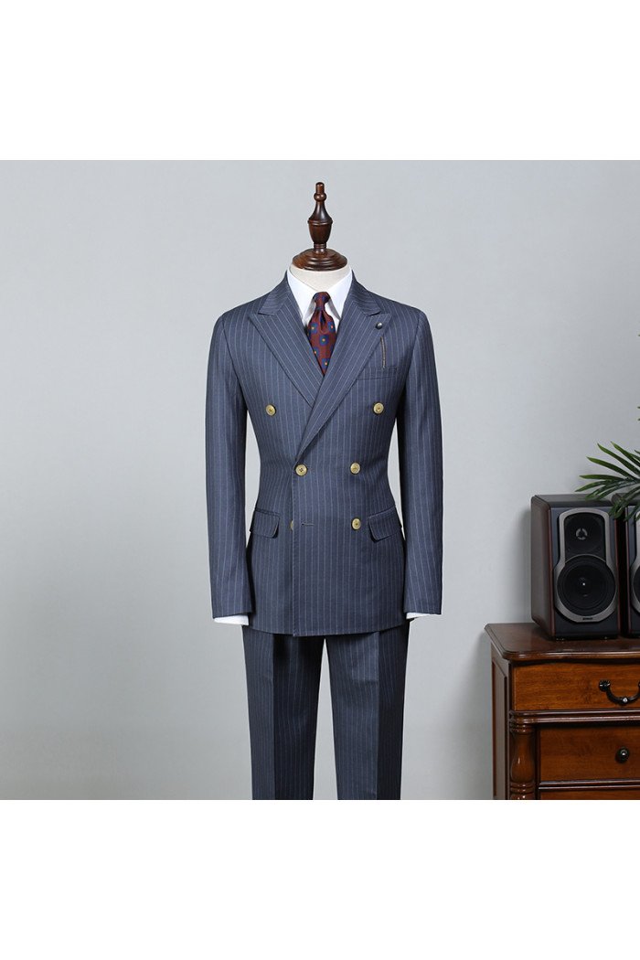 Jack New Navy Blue Striped Peaked Collar Bespoke Men Suit