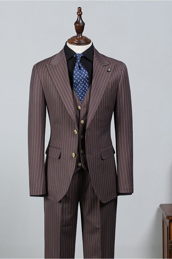 Les Popular Brown Striped Peaked Collar Best Fitted Men Suit