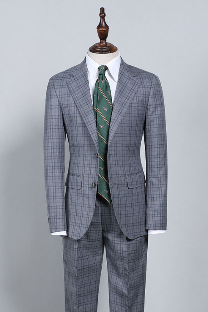 Otis Dark Gray Plaid Notch Collar Best Fitted Business Men Suit