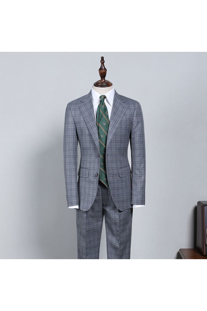 Otis Dark Gray Plaid Notch Collar Best Fitted Business Men Suit