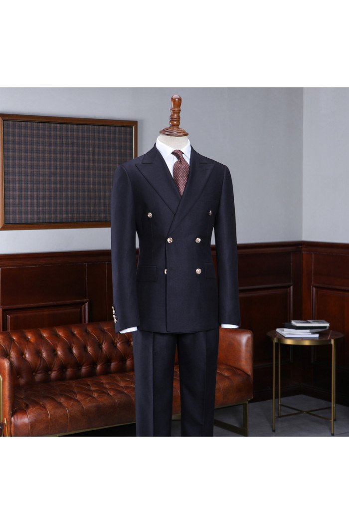 Cool Navy Blue Peaked Collar Double Breasted Men Suit