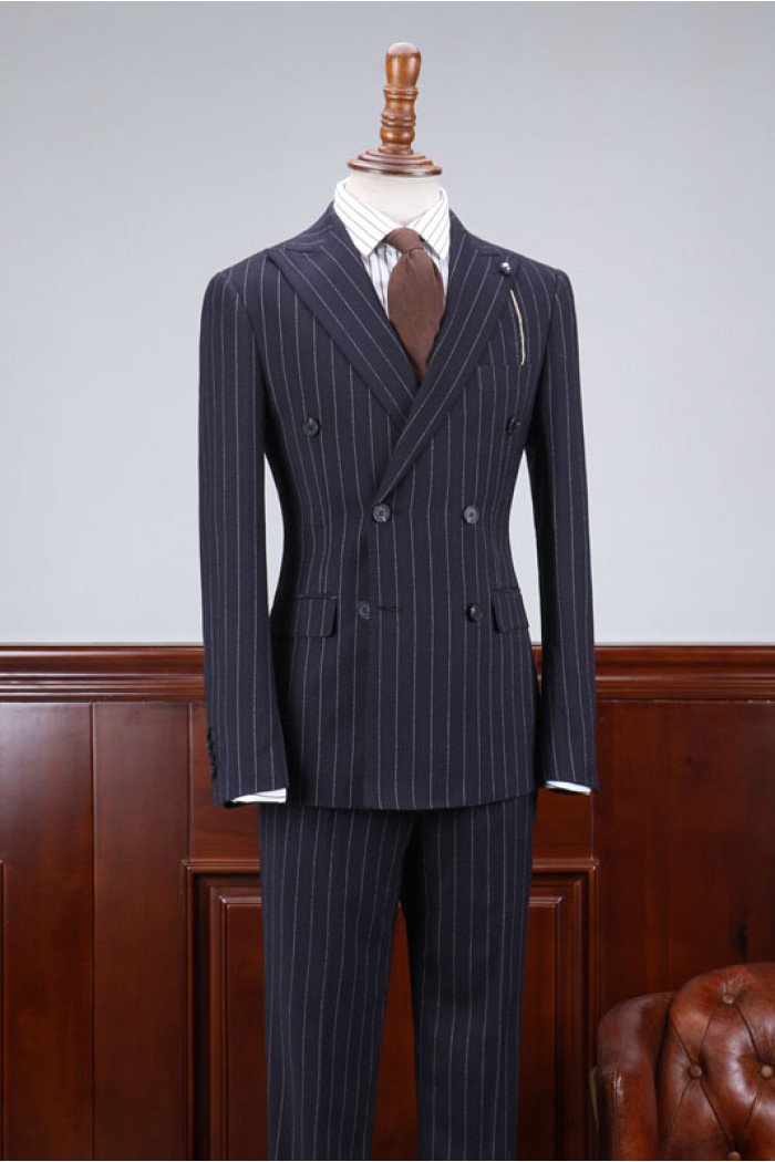 Ted Affordable Navy Blue Striped Best Fitted Bespoke Men Suit