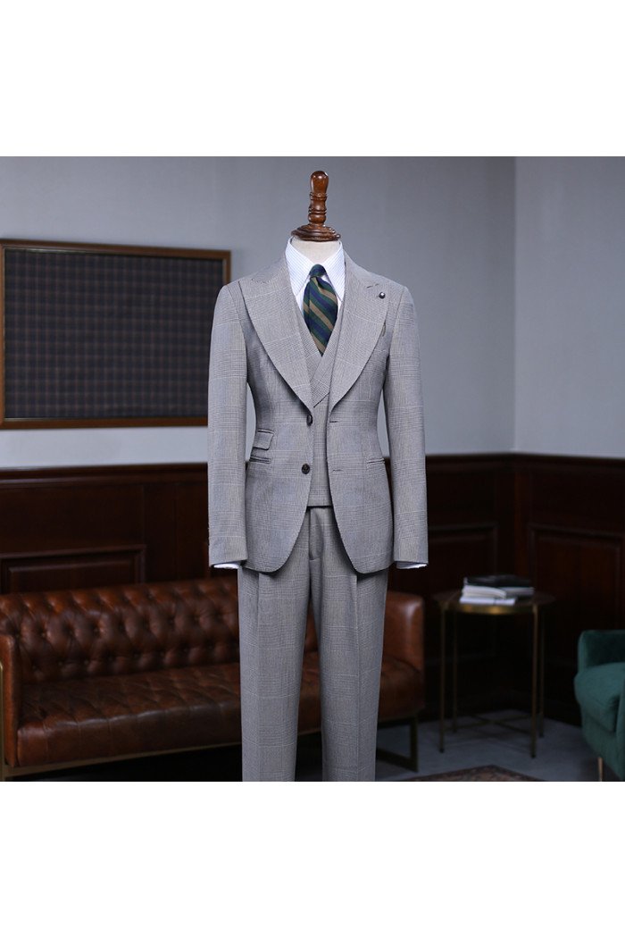 Cool Latest Gray Plaid 3 Pieces Best Fitted Men Suit