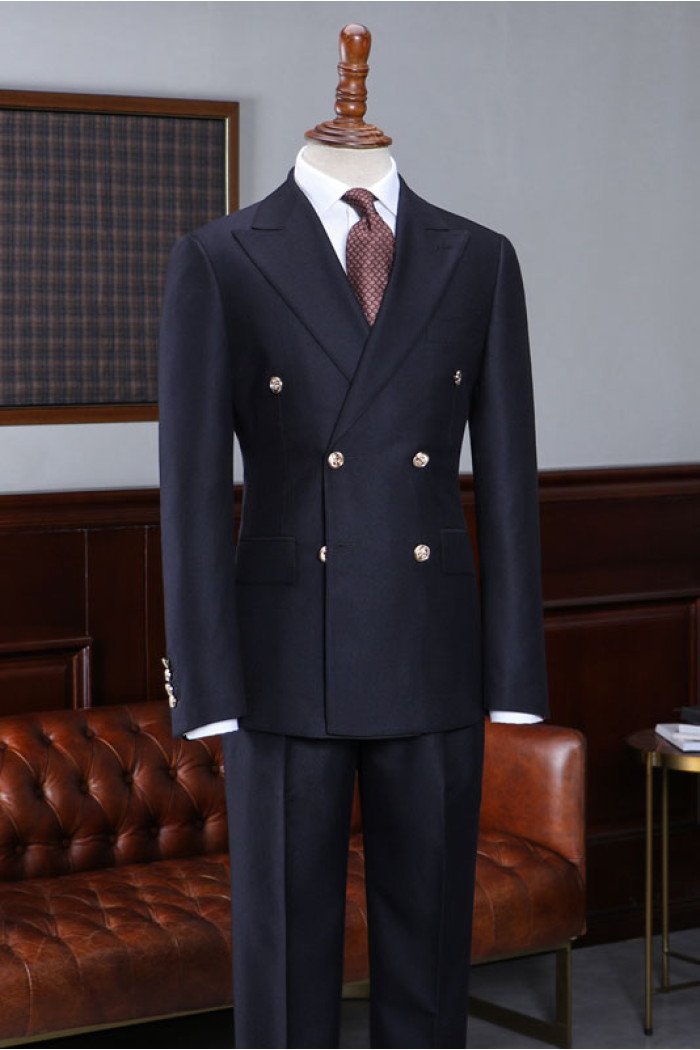 Cool Navy Blue Peaked Collar Double Breasted Men Suit