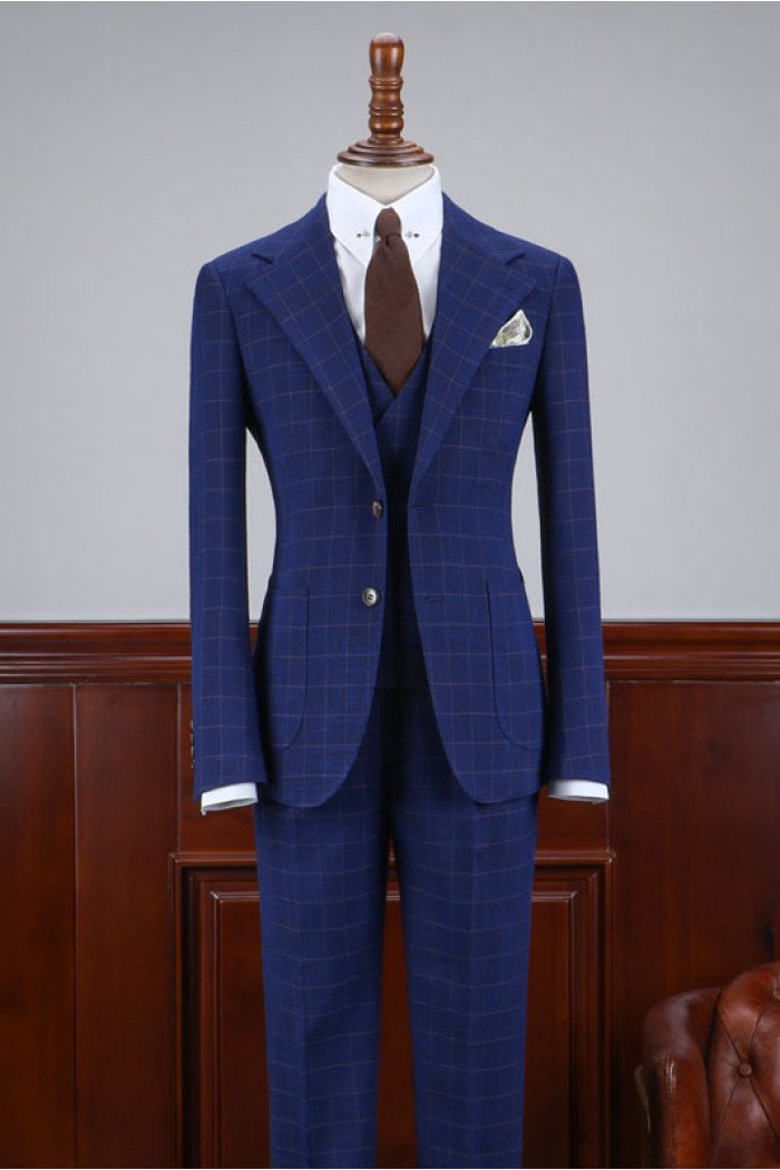 Cool Modern Blue Plaid 3 Pieces Best Fitted Men Suit