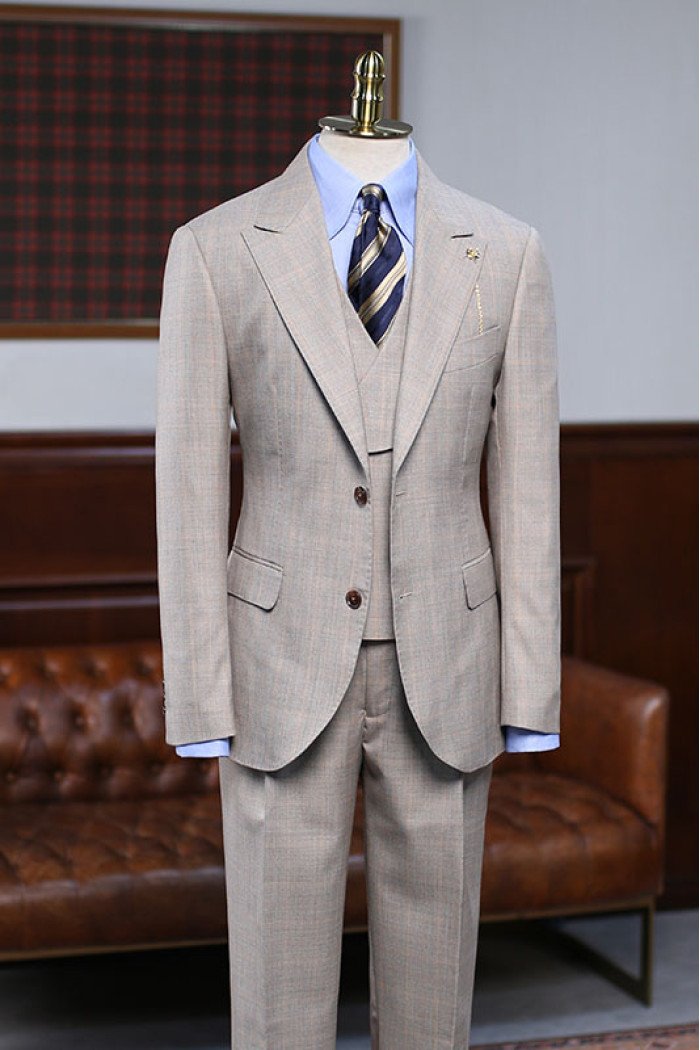 Cool Official Light Khaki Plaid 3 Pieces Bespoke Men Suit