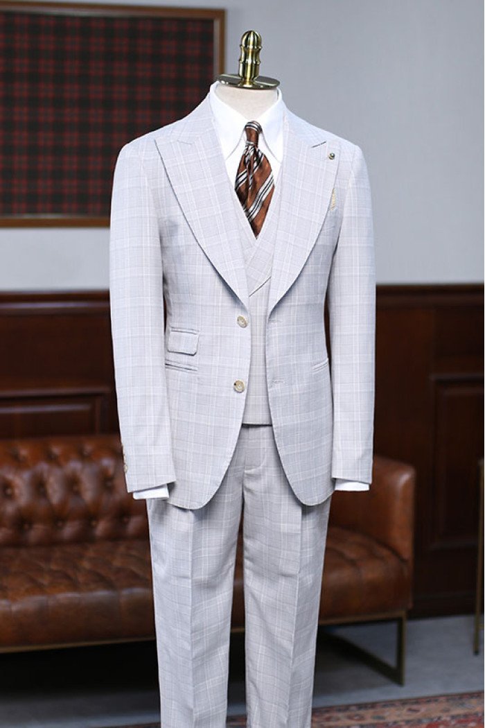 Adair Simple White Plaid Peaked Collar Best Fitted  Men Suit