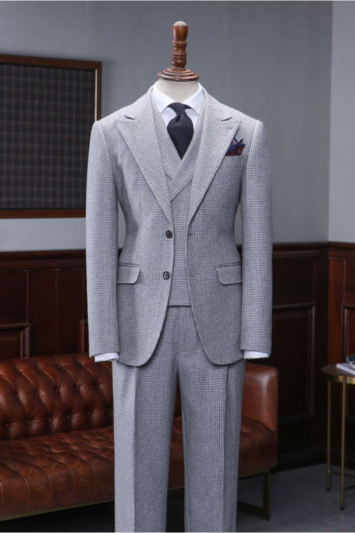 Trendy Regular Gray Small Plaid Peaked Collar Men Suit
