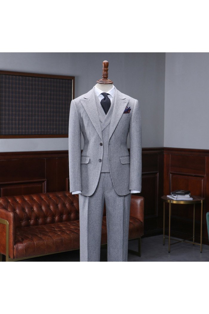 Trendy Regular Gray Small Plaid Peaked Collar Men Suit