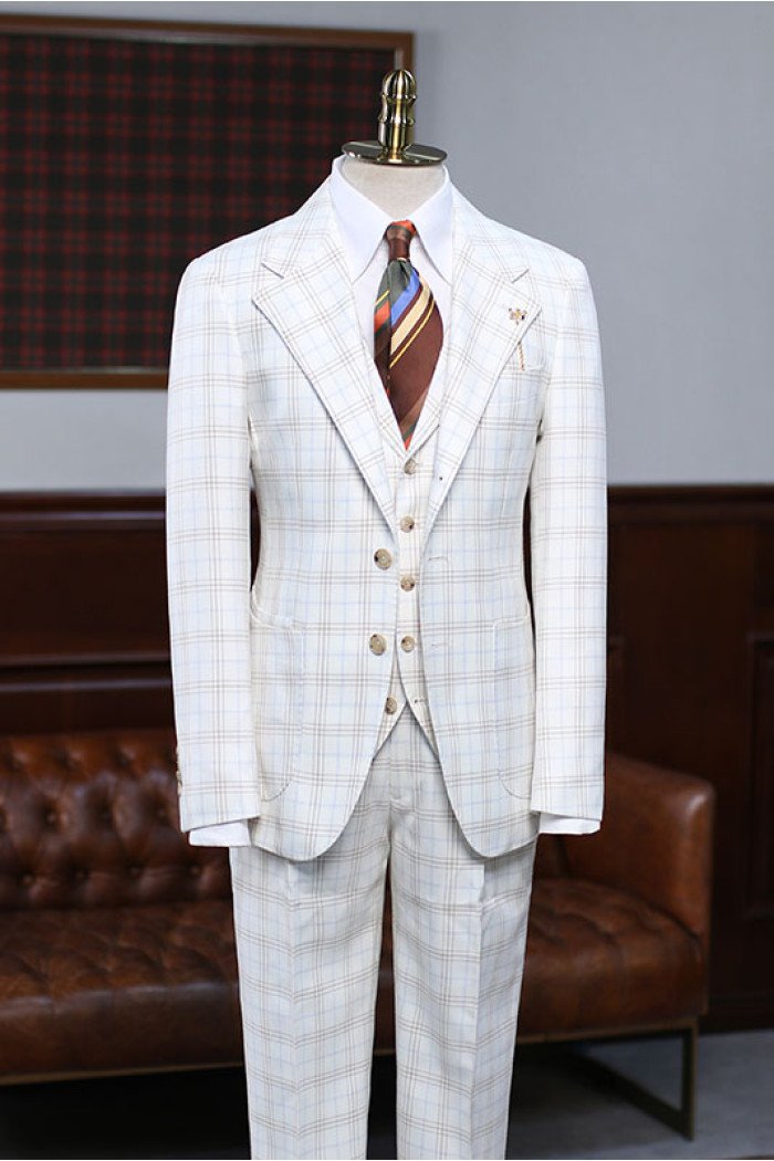 Alfred Stylish White Plaid Three Pieces Notch Collar Best Fitted Suit