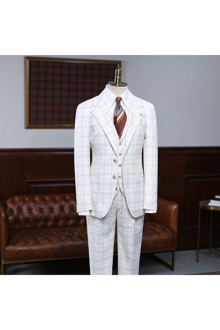 Alfred Stylish White Plaid Three Pieces Notch Collar Best Fitted Suit