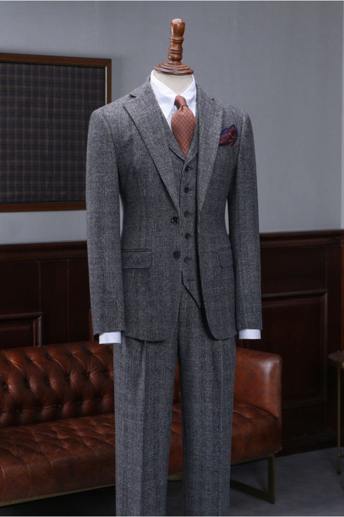 New Arrival Dark Gray Plaid Three Pieces Men Suit