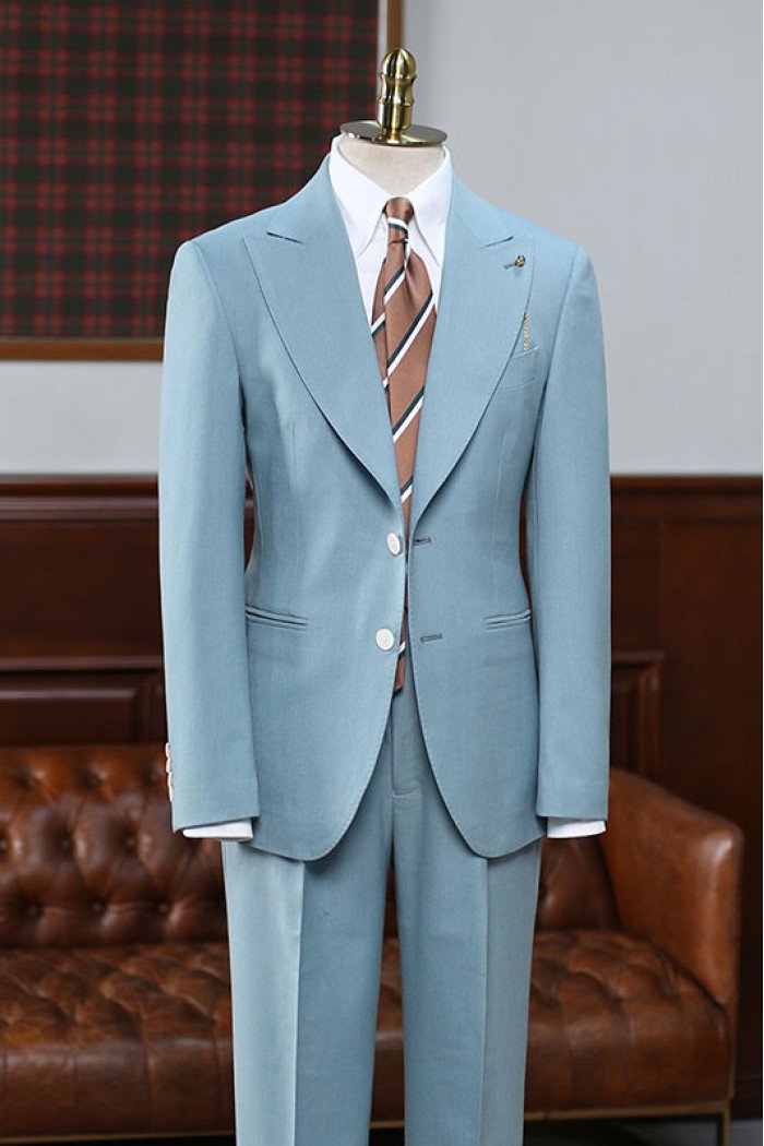 Angelo Affordable Blue 2-Pieces Peaked Collar Best Fitted Bespoke Suit