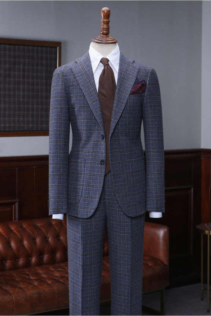Antoine Official Navy Blue Small Plaid Notch Collar Best Fitted Bespoke Suit
