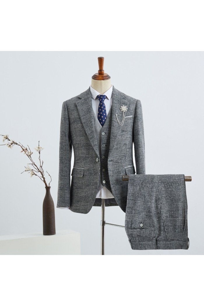 Broderick Gray Small Plaid Notch Collar One Button Bespoke Men Suit