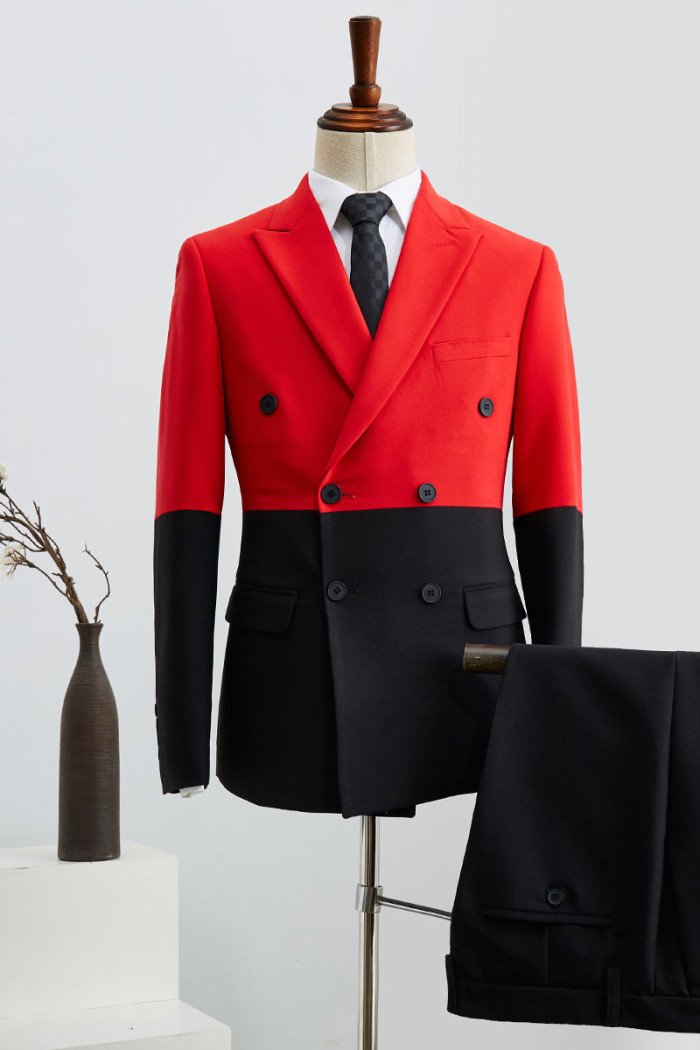 Bruno Unique Black And Red Peaked Collar Double Breasted Prom Suit