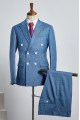 Cash Trendy Blue Plaid Peaked Collar Double Breasted  Men Suit