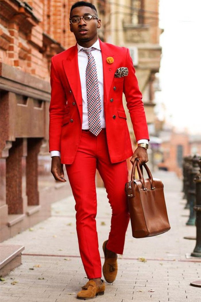 Aaron Cool Red Double Breasted Peaked Collar Prom Men Suits