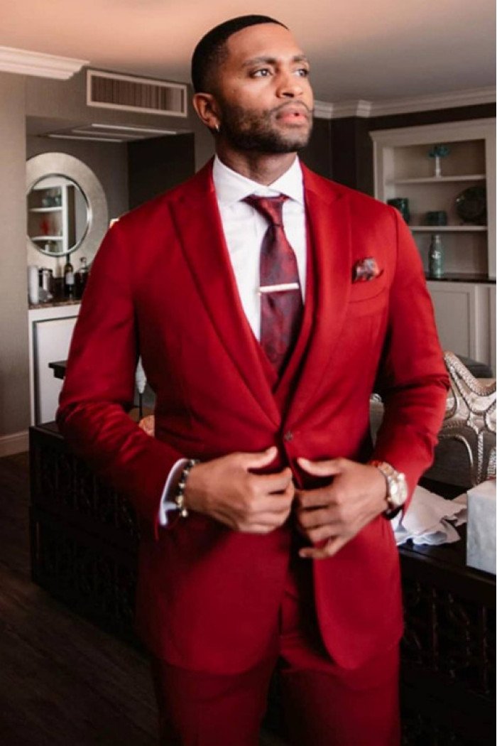 Alexander Red 3-Pieces Cool Velvet Peaked Collar Men Suits