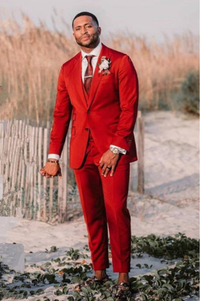 Alexander Red 3-Pieces Cool Velvet Peaked Collar Men Suits