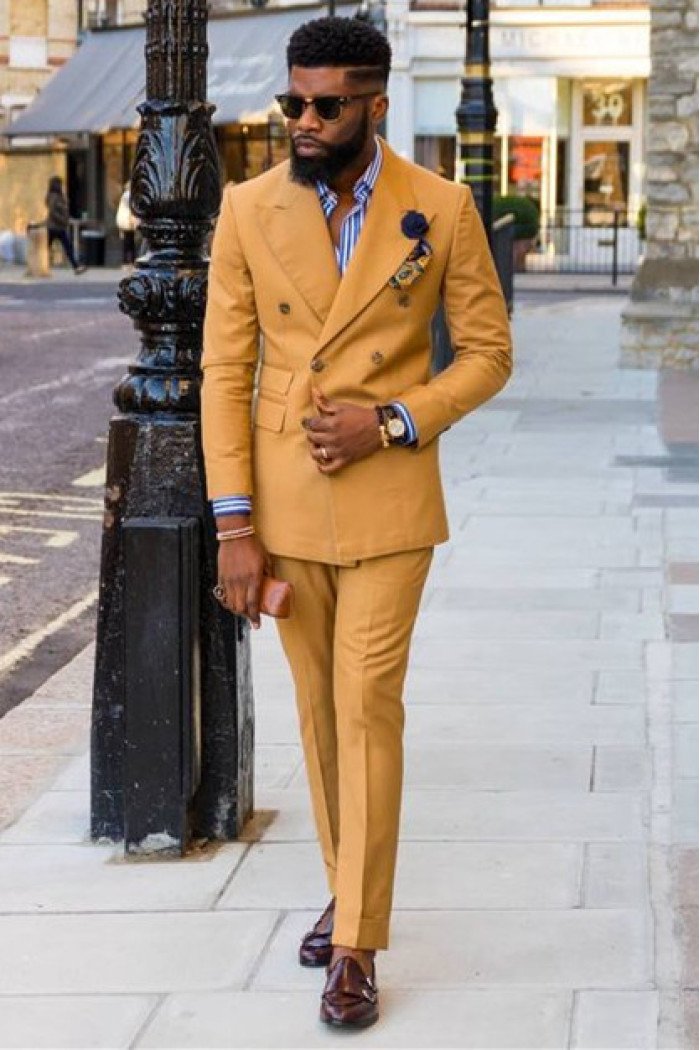 Joshua Stylish Yellow Double Breasted Peaked Collar Bespoke Men Suits