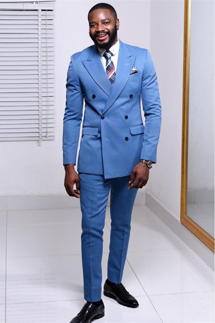 Achilles Blue Double Breasted Peaked Collar Stylish Men Suits