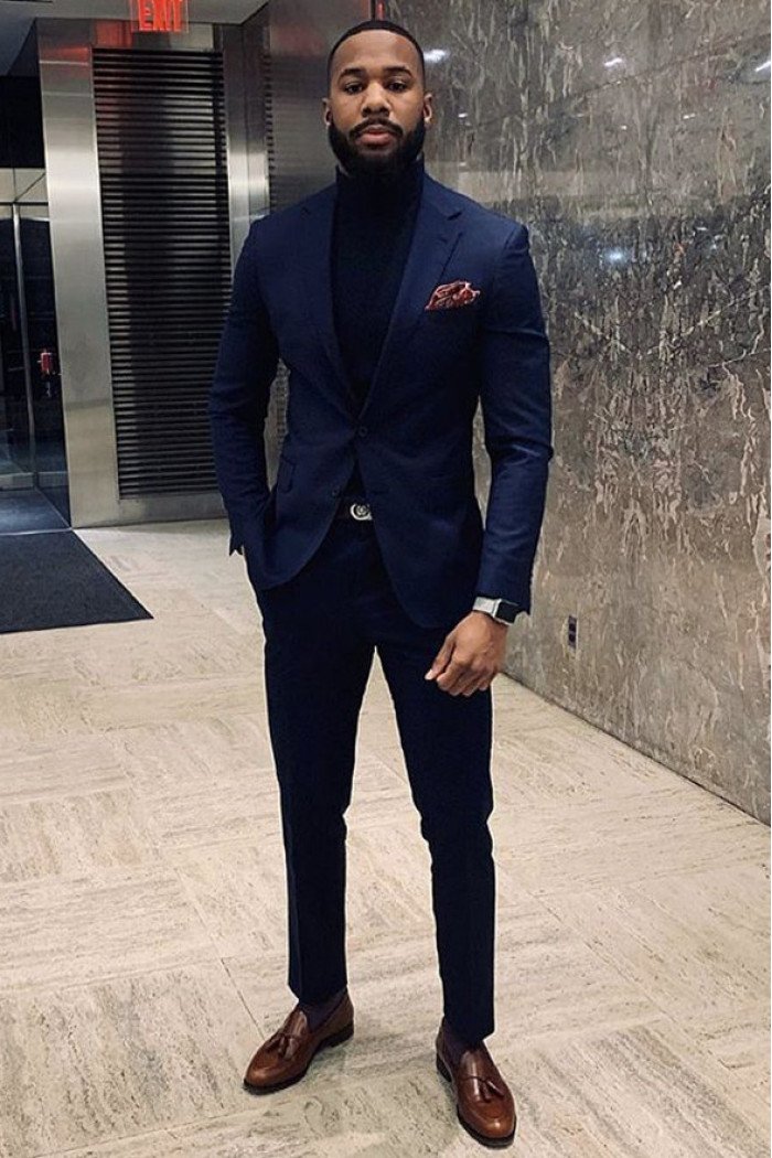 Joshua Dark Navy Notch Collar Prom Men Suits with Black Pants